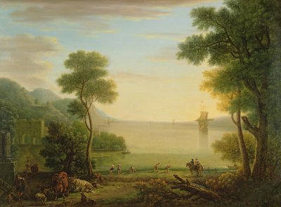 Klassische Landschaft mit Figuren und Tieren, Sonnenuntergang, 1754 von John Wootton